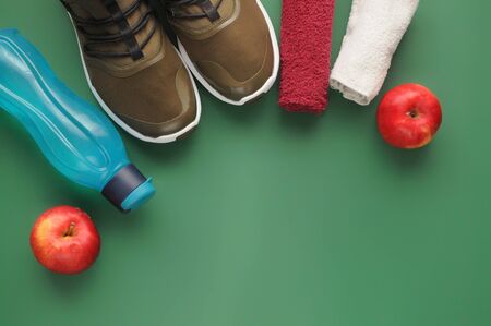 Attributes of a healthy lifestyle: food, sport equipment. Tools for fitness.の写真素材