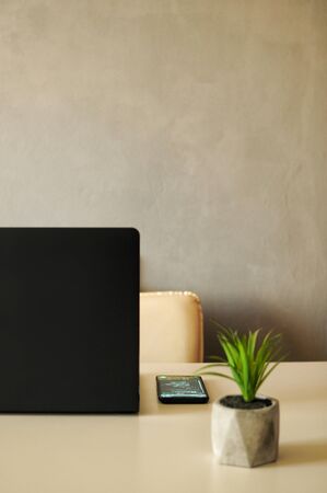 Work place at home. Minimalism loft interior. Modern interior insideの写真素材