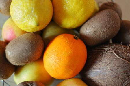 A bowl of different tropic fruits. Close up of healthy variety of food