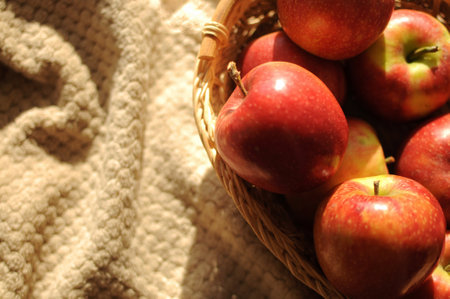 Apple harvest in a basket with a lot of red ripe fruits on draperied bedcover background at home with copy spaceの写真素材