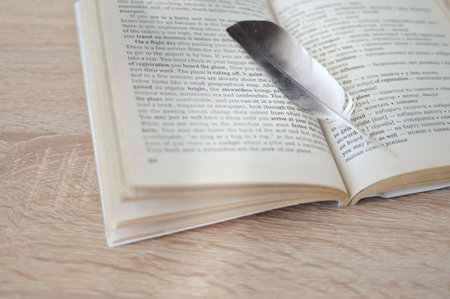Bird pen lying on the book. Written concept