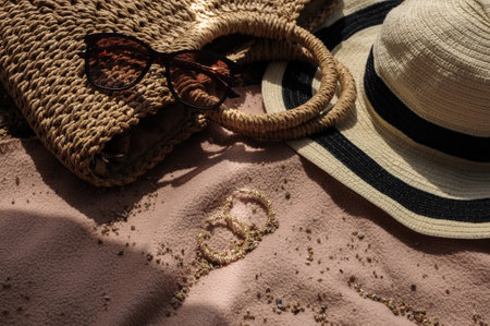 Top view of beach accessories: straw hat, summer bag, sunglasses, and earrings on bed cover on sand...