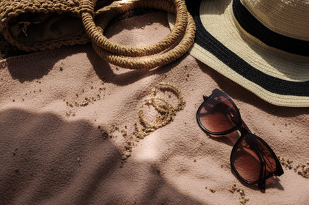 Top view of beach accessories: straw hat, summer bag, sunglasses, and earrings on bed cover on sand...