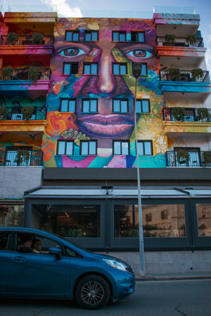 Larnaca, Cyprus - December 25, 2021: Modern art on the facade building outsideのeditorial素材
