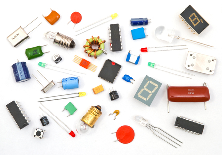 Various electronic components on the white background