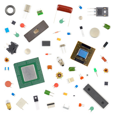 Various electronic components on white background