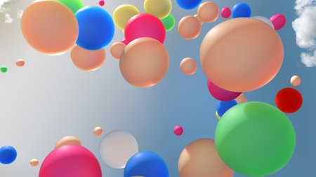 Colorful balloons floating in the cloudy sky. Abstract background of different colors balls floating in the air lit with the sun. 3d render.の写真素材