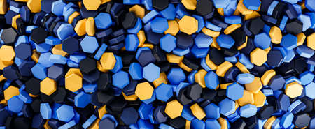 Hexagonal background in blue, yellow and black colors, for web and banners, 3D renderingの写真素材