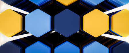 Hexagonal up background in blue, yellow and black colors, for web and banners, 3D renderingの写真素材