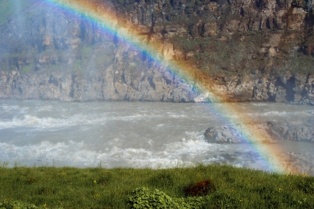 Rainbow near the Godafoss waterfall, northern Icelandの写真素材