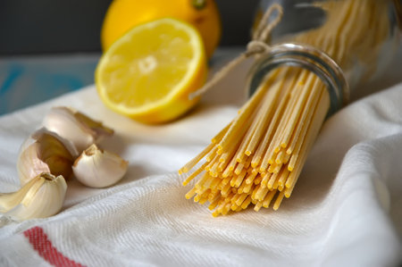 Spaghetti with lemon and garlicの写真素材