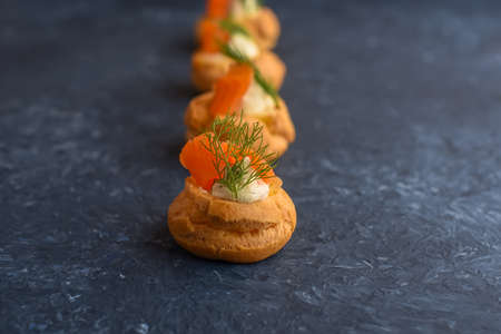 Canape with salmon and dill on a dark background. Selective focus.