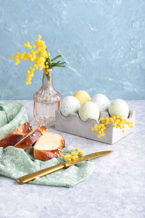 Easter holidays with Easter bread and eggsの写真素材