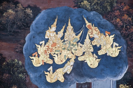 Vintage traditional Thai style art painting on temple for background. The temple is open to the...