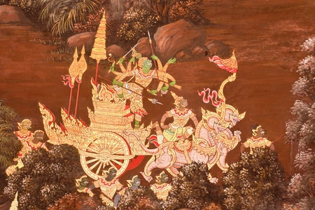 Vintage traditional Thai style art painting on temple for background. The temple is open to the...