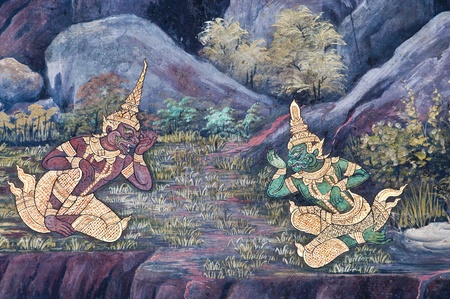 Vintage traditional Thai style art painting on temple for background. The temple is open to the...