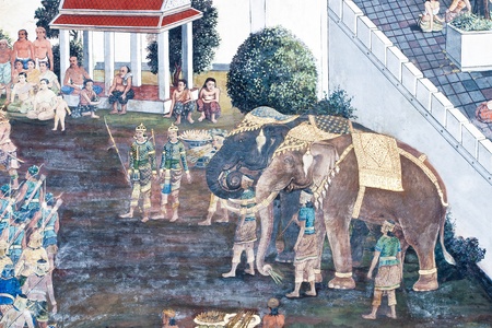 Vintage traditional Thai style art painting on temple for background. The temple is open to the public domain and has beautiful murals on the walls.のeditorial素材