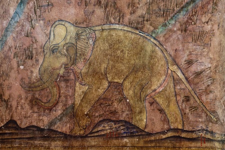 Vintage traditional Thai style art painting on temple for background. The temple is open to the public domain and has beautiful murals on the walls.のeditorial素材