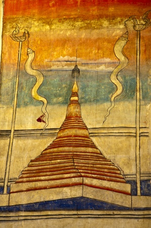 Vintage traditional Thai style art painting on temple for background. The temple is open to the public domain and has beautiful murals on the walls.のeditorial素材