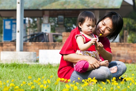 Asian Family in green Lawnの写真素材