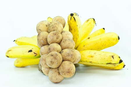 bananas and Yellow Long kong or Lagsad thai fruit on white background