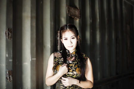 Chinese woman back dress traditional cheongsamの写真素材