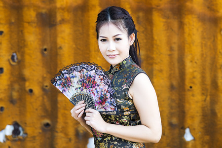 Chinese woman back dress traditional cheongsam ,close up portraitの写真素材