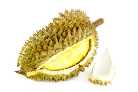 King of fruits durian on white backgroundの写真素材