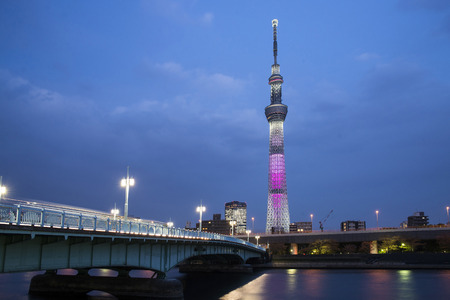 Tokyo city view and Sumida river. The Sky Tree at a summer night.のeditorial素材