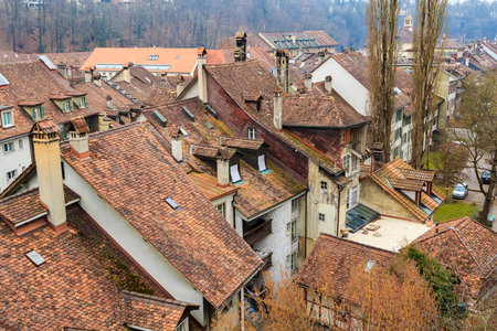 Red-brown roofs of beautiful cities made of natural tiles. The view from the top. in the distance, the horizon of the blue sky.の写真素材