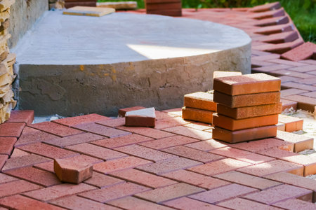 Brown clinker paving stones for laying paths in the garden. German brickの写真素材
