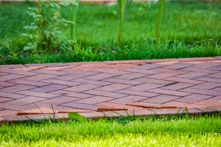 Brown clinker paving stones for laying paths in the garden. German brickの写真素材