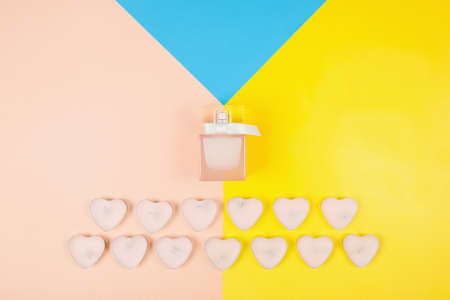 Valentine's Day, composition of hearts on a pink background. View from above. Space for text, flat...