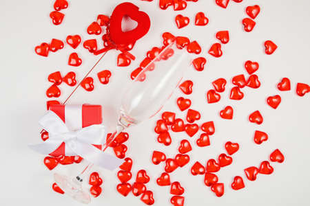 Valentine's Day, composition of hearts on a white background. View from above. Space for text, flat...