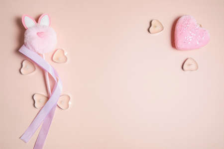 Valentine's Day, composition of hearts on a pink background. View from above. Space for text, flat layの写真素材