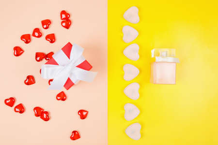 Valentine's Day, composition of hearts on a pink background. View from above. Space for text, flat layの写真素材