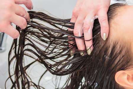 The hairdresser washes the head of a girl with long hair in the sink. Brown hair, close upの写真素材