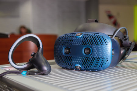 Virtual reality helmet. VR headset. 3D rendering with virtual reality glasses.