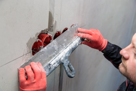 The electrician will plaster holes and channels for sockets and wires.の写真素材