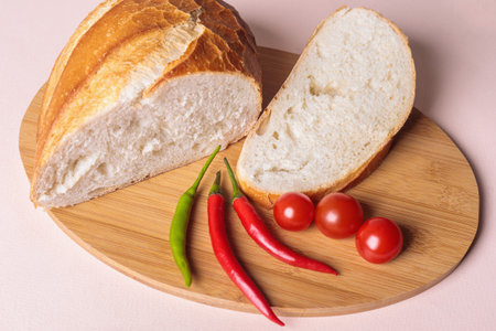 Sliced pieces of white bread with red peppers and tomatoes on a cutting board