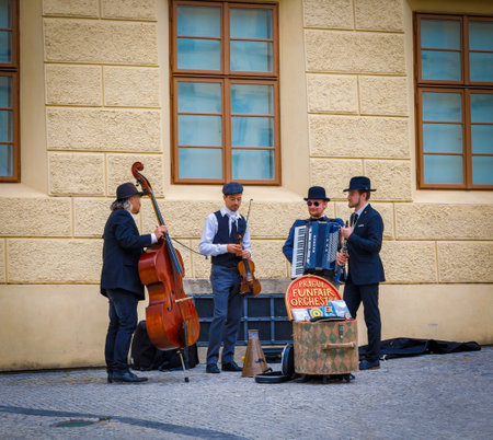 A jazz band is playing in the street, Prague, Czech Republic, April 14, 2018のeditorial素材