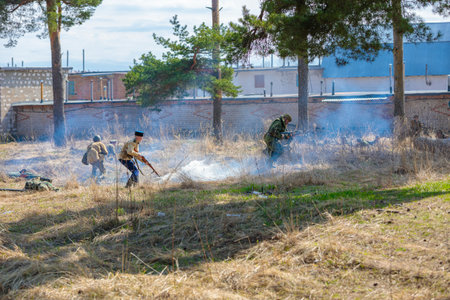 Reconstruction of the Second World War. Russian partisan detachment goes on the attack. The Great Patriotic War. Liberation of Odessa. Zelenograd Russia April 18, 2021のeditorial素材