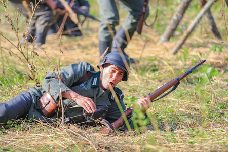 Reconstruction of the times of the Great Patriotic War. German troops begin their offensive. Moscow Russia September 16, 2017のeditorial素材