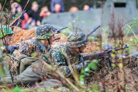 Reconstruction of the times of the Great Patriotic War. German troops begin their offensive. Moscow Russia September 16, 2017のeditorial素材