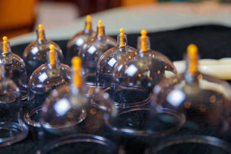 Vacuum vessels for the curative procedure of hijama bloodletting.