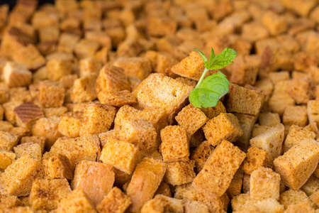 Square-shaped bread crumbs. Oven-fried golden brown bread crumbs.