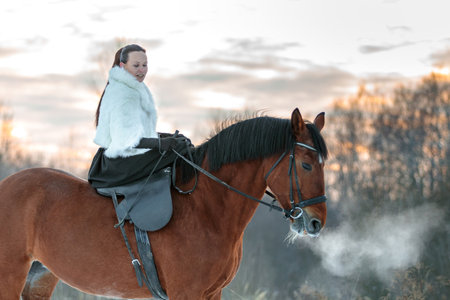 A girl in a white cloak rides a brown horse in winter. Golden hour, setting sun. Moscow, Russia 22 February 2021のeditorial素材