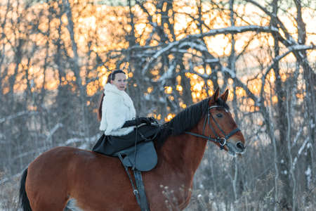 A girl in a white cloak rides a brown horse in winter. Golden hour, setting sun.の写真素材