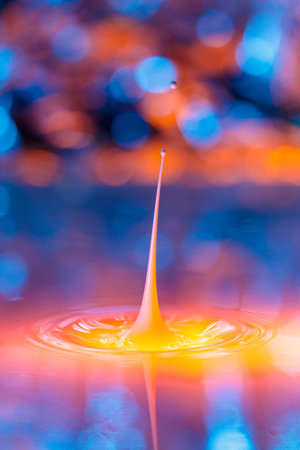 The drop falls into a dense liquid with a blue-yellow background. Abstract colorful background.の写真素材