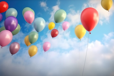 Multicolored balloons against the blue sky. Generative AI. high quality photoの素材